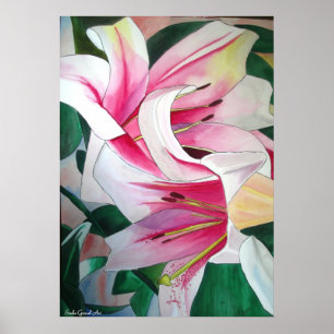 Vit- och Rosa daglig blomsterfärgskonst Poster