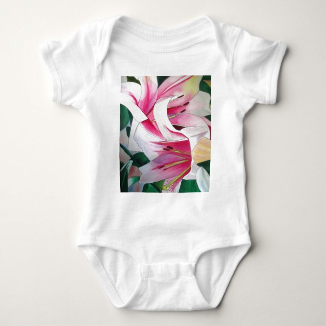 Vit- och Rosa daglig blomsterfärgskonst T-shirt (Framsida)