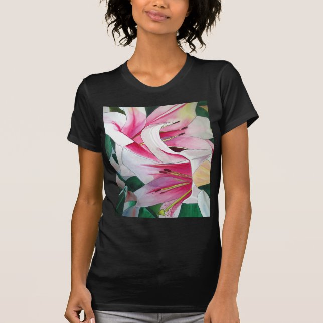 Vit- och Rosa daglig blomsterfärgskonst Tee Shirt (Framsida)