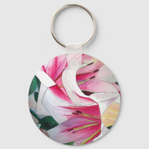 Vit och rosa daglilja akvarellkonst blomma nyckelring