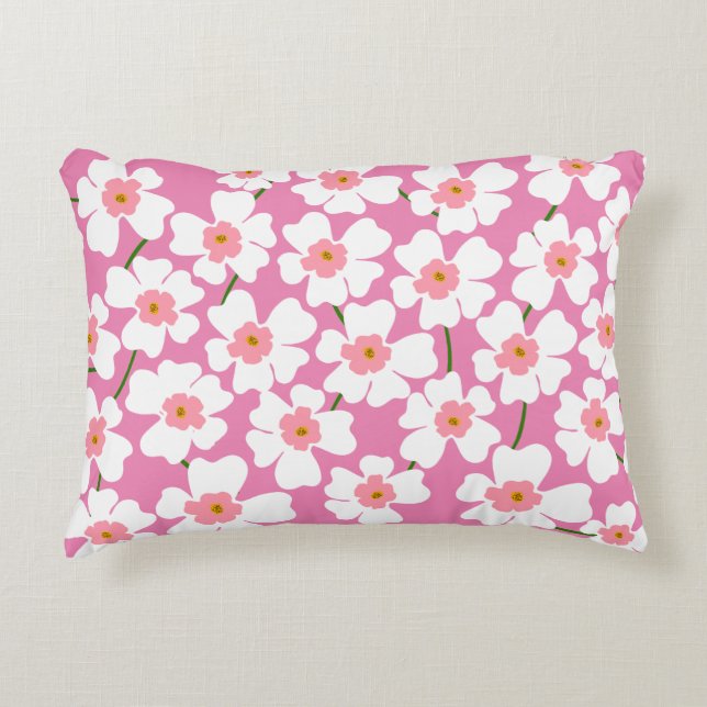 Vit och Rosa Fantasy Flower Power Prydnadskudde (Framsidan)