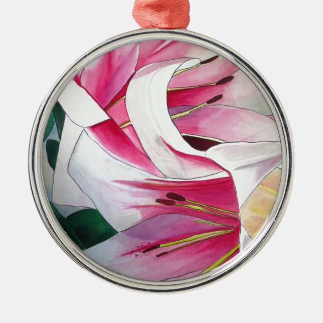 Vit och rosa lilja vattenfärg original konst julgransprydnad metall (Framsidan)