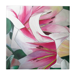 Vit och Rosa Lily blomers vattenfärgsoriginalkonst Kakelplatta