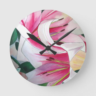 Vit och Rosa Lily blomers vattenfärgsoriginalkonst Rund Klocka