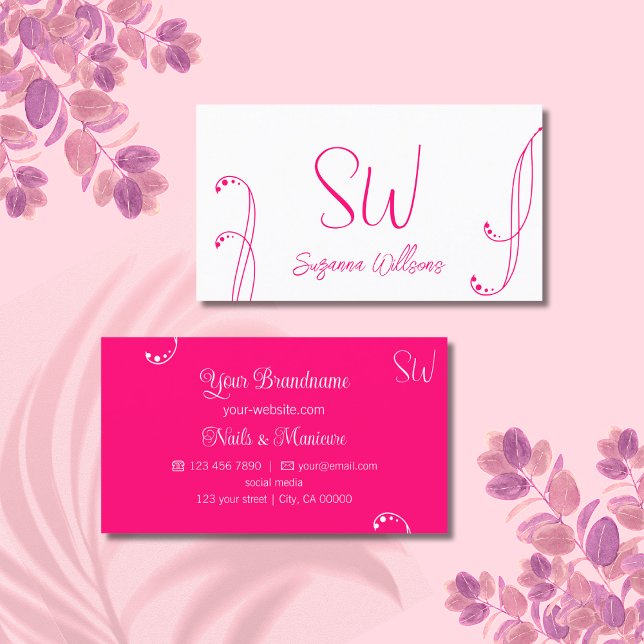 Vit och Rosa Modern Ornate med Monogram Visitkort (Skapare uppladdad)