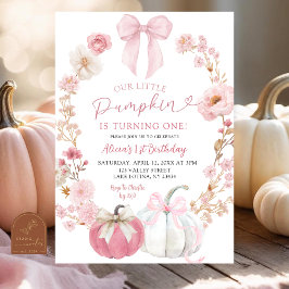 Vit och rosa rosett Coquette Pumpkin 1-års födelse Inbjudningar