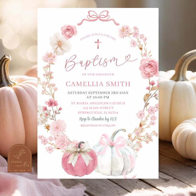 Vit och rosa rosett Coquette Pumpkin Dop Inbjudningar (Skapare uppladdad)