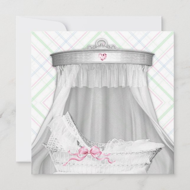 Vit och rosa vagga babyflicka shower inbjudningar (Framsida)