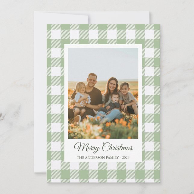 Vit och salvia buffelrutig julkort med foto (Framsida)
