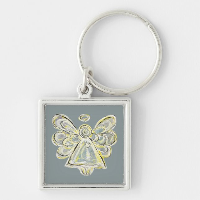 Vit och Silver Light Guardian Angel Art Keychain Fyrkantig Silverfärgad Nyckelring (Framsidan)