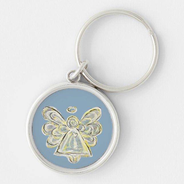 Vit och Silver Light Guardian Angel Art Keychain Rund Silverfärgad Nyckelring (Framsidan)