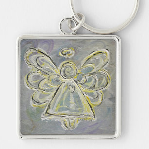 Vit- och Silver Light Guardian Angel Keychain Fyrkantig Silverfärgad Nyckelring