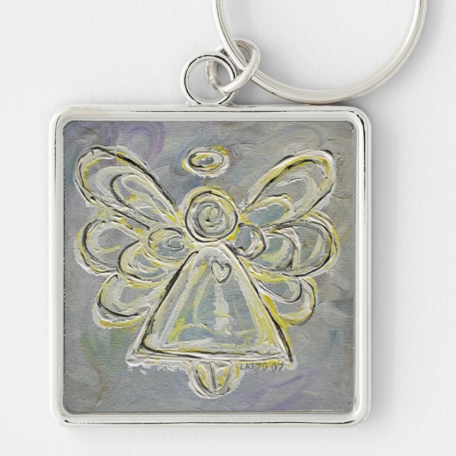 Vit- och Silver Light Guardian Angel Keychain Fyrkantig Silverfärgad Nyckelring (Framsidan)