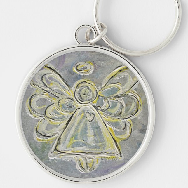 Vit- och Silver Light Guardian Angel Keychain Rund Silverfärgad Nyckelring (Framsidan)