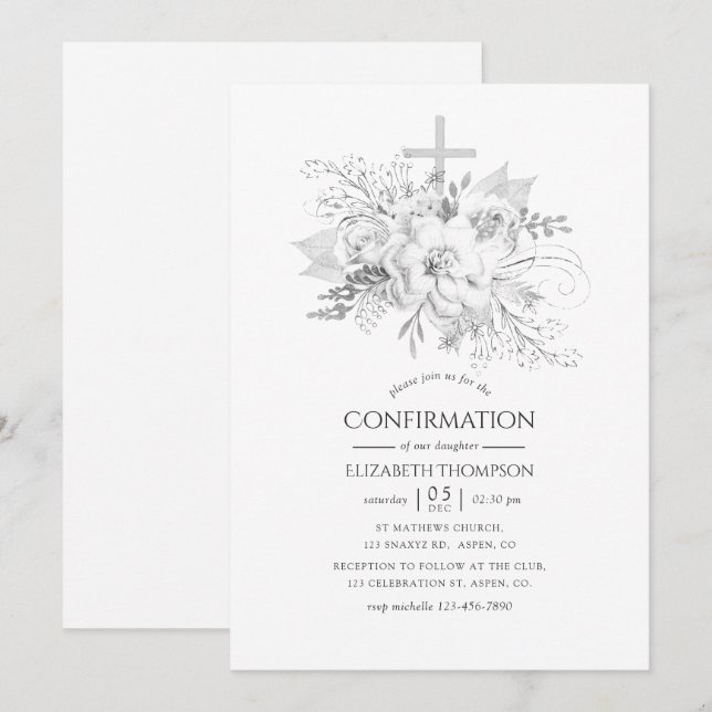 Vit och silver vintage blomsterkonfirmation inbjudningar (Fram/baksida)