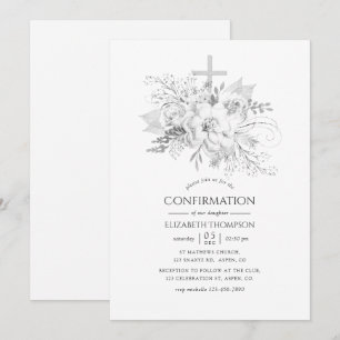 Vit och silver vintage blomsterkonfirmation inbjudningar