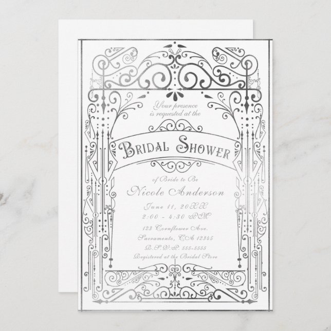 Vit och Silver Vintage Viktoriansk Möhippa Inbjudningar (Fram/baksida)