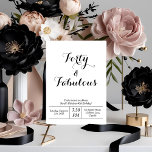 Vit och svart 40:e födelsedag inbjudningar<br><div class="desc">Vrid 40 i FVless stil med den här vita och svarta "Fyrtio & Fabulous"-inbjudan - en ren och modern design som gör ett djärvt påstående. Med en helvit bakgrund och svart elegant är inbjudan perfekt för dem som kärlek enkelhet med påverkan. Denna inbjudan är perfekt för storskaliga fester, intim middag...</div>