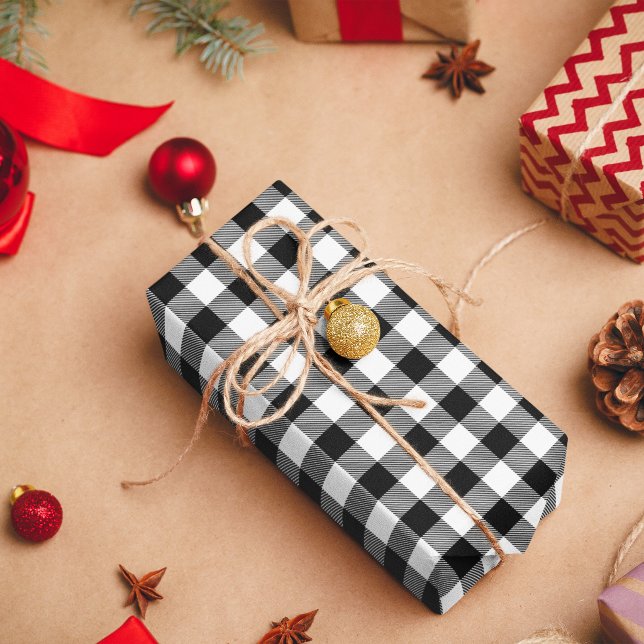 Vit och svart Buffalo-rutigt Presentpapper (White and Black Buffalo Plaid Wrapping Paper)