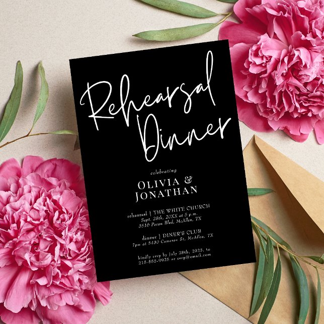 Vit och svart förfest för bröllop inbjudningar (White and black rehearsal dinner invitation sets a clean, elegant tone for your pre-wedding night.)