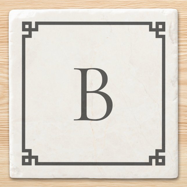 Vit och svart grekisk nyckelkant Elegant monogram Stenunderlägg (White and Black Greek Key Border Elegant Monogram Stone Coaster)