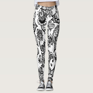 vit och svart Henna Inspired Blommigt Leggings