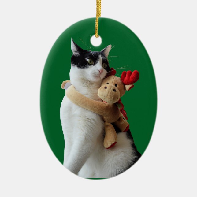 Vit och svart katt och ren jul Leksak Julgransprydnad Keramik (Framsidan)