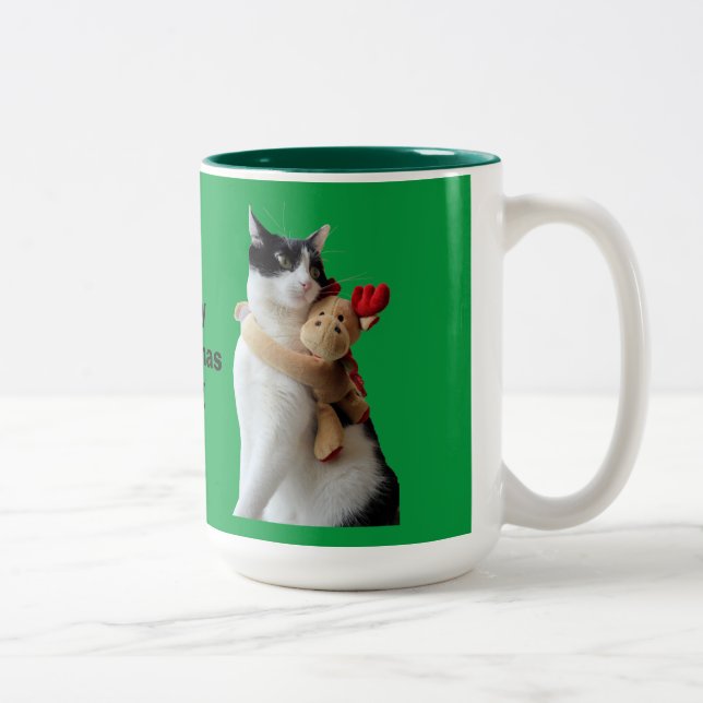Vit och svart katt och ren jul Leksak Två-Tonad Mugg (Höger)