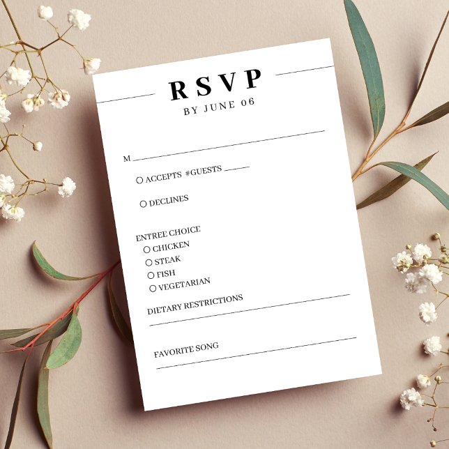 Vit och svart linje enkel Bröllop OSA Kort (White & Black Line Simple Wedding RSVP Card)