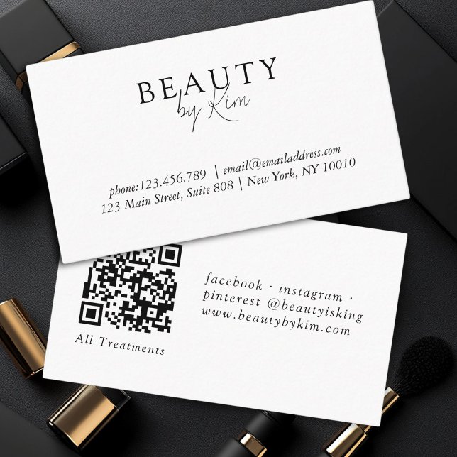 Vit och svart minimal Elegant, Salon QR-kod Visitkort (White & Black Minimal Elegant, Salon QR Code Business Card)