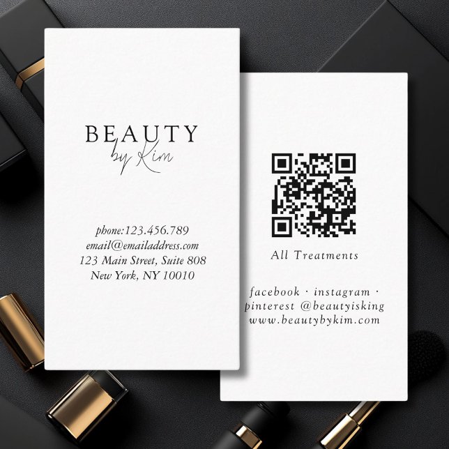 Vit och svart minimal Elegant, Salon QR-kod Visitkort (White & Black Minimal Elegant, Salon QR Code Business Card)