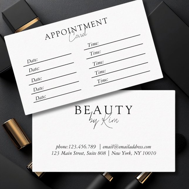 Vit och svart, minimal, Elegant, Salon Tidsbeställning Kort (Modern, simple, salon Appointment Card, White & Black. )