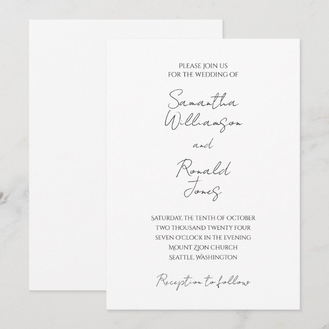 Vit och svart minimalistisk kalligrafi Bröllop Inbjudningar (Fram/baksida)