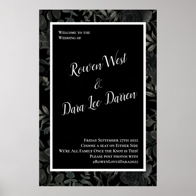 Vit och svart ros gotisk vigselskylt poster (Framsidan)