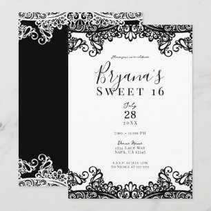 Vit och svart spets Elegant Sweet 16-fest Inbjudningar