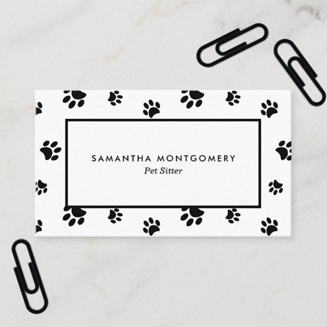 Vit och svart Tass avtryck Professionell Pet-platt Visitkort (White and Black Paw Prints Professional Pet Sitter Business Card)
