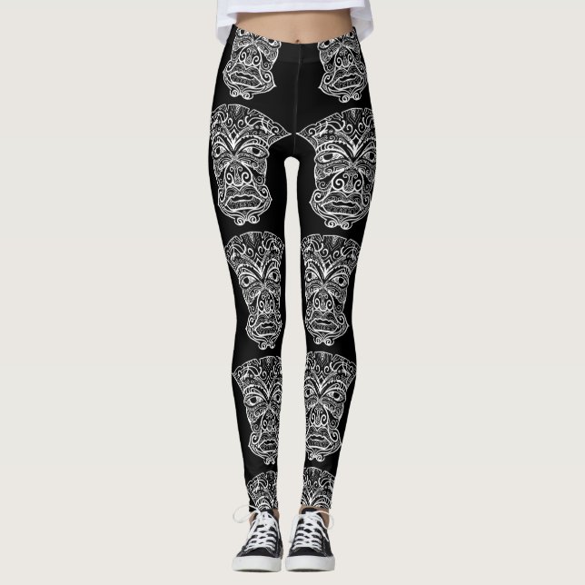 Vit och svart Tiki-mask Leggings (Framsida)