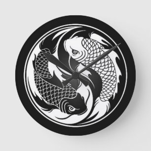 Vit och svart Yin Yang Koi fisk Rund Klocka