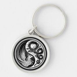 Vit- och svartdrake Phoenix Yin Yang Rund Silverfärgad Nyckelring