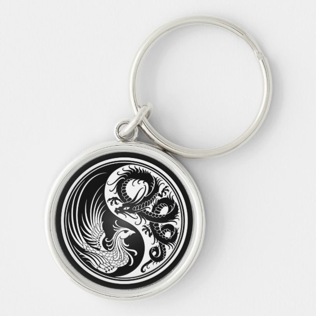 Vit- och svartdrake Phoenix Yin Yang Rund Silverfärgad Nyckelring (Framsidan)