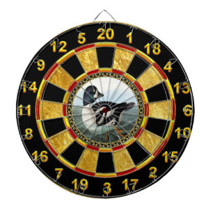 Vit- och svartgräsandet duckar simning i vatten darttavla