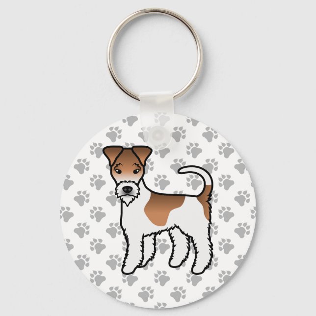Vit och Tan Wire Fox Terrier Söt Tecknad Hund Nyckelring (Framsida)