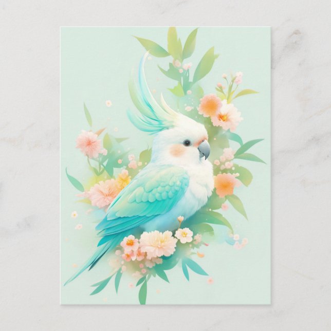 Vit och Teal Kakaduapapegoja med Persikoblomma Vykort (Framsida)