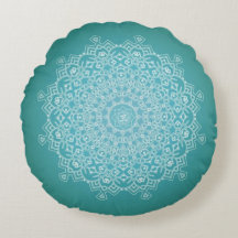Vit och Teal Om Mandala Meditation Round Pillow