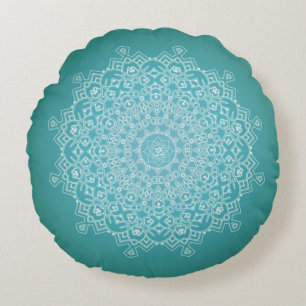 Vit och Teal Om Mandala Meditation Round Pillow Rund Kudde