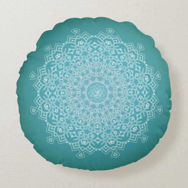 Vit och Teal Om Mandala Meditation Round Pillow Rund Kudde (Framsidan)