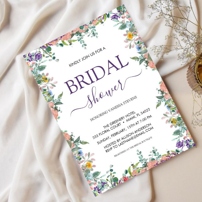 Vit och violett vattenfärgsblomma, Möhippa Inbjudningar (Skapare uppladdad)