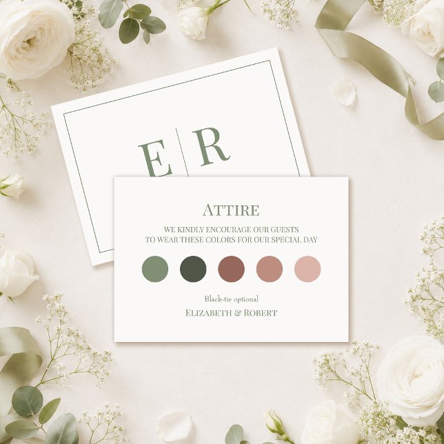 Vit & Oliv Bröllopsklädsel Kort för Klädkod (White & Olive Wedding Attire Dress Code Card on a wedding table with white roses and decor.)