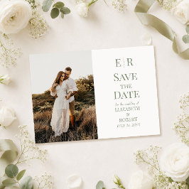 Vit & Olivgrön Monogram Foto Save the Date-Kort Inbjudningar