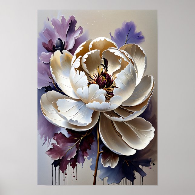 Vit Oljemålning av Pionblomma Poster (Framsidan)